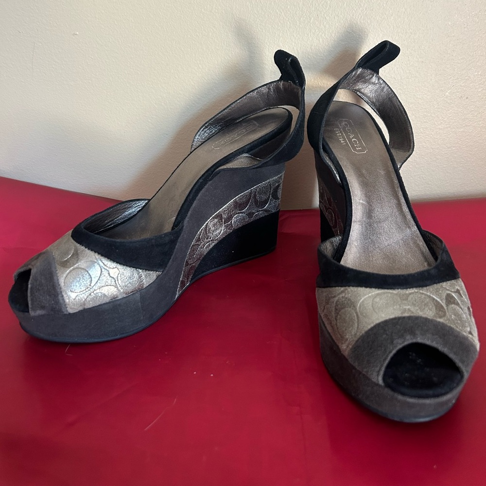 Coach Black and Silver Suede Wedge Sandals - Picture 5 of 13
